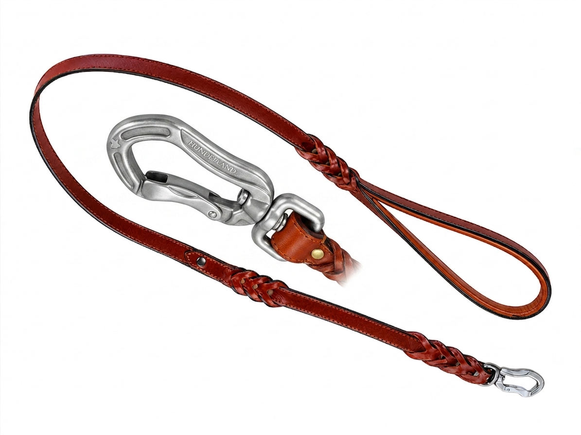 Luxuriöse Leder-Hundeleine aus Echtleder mit geflochtenen Details und robustem Karabinerhaken, handgefertigte Premium Hundeleine von Hunderland.