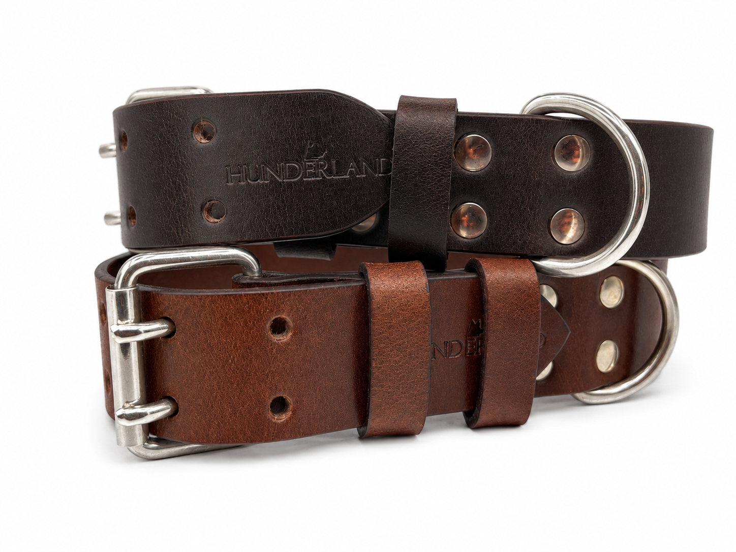 Hunderland Premium Lederhalsband aus Vollleder mit Doppeldornschnalle, Edelstahlbeschlägen und verstärkten Nieten für große und kräftige Hunde