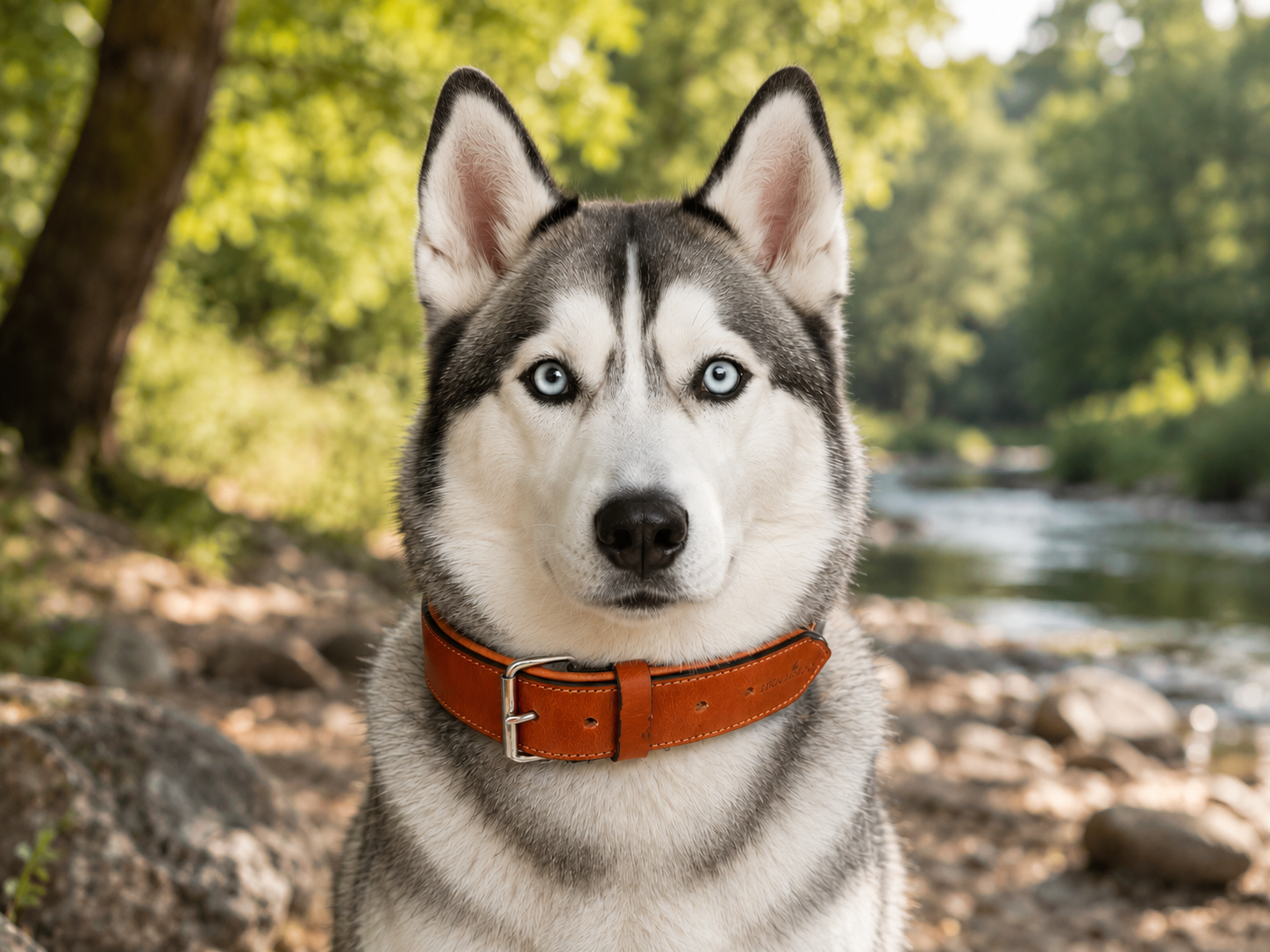 Grau-weißer Siberian Husky mit hochwertigem Lederhalsband in Vintage-Braun und Edelstahl-Schnalle