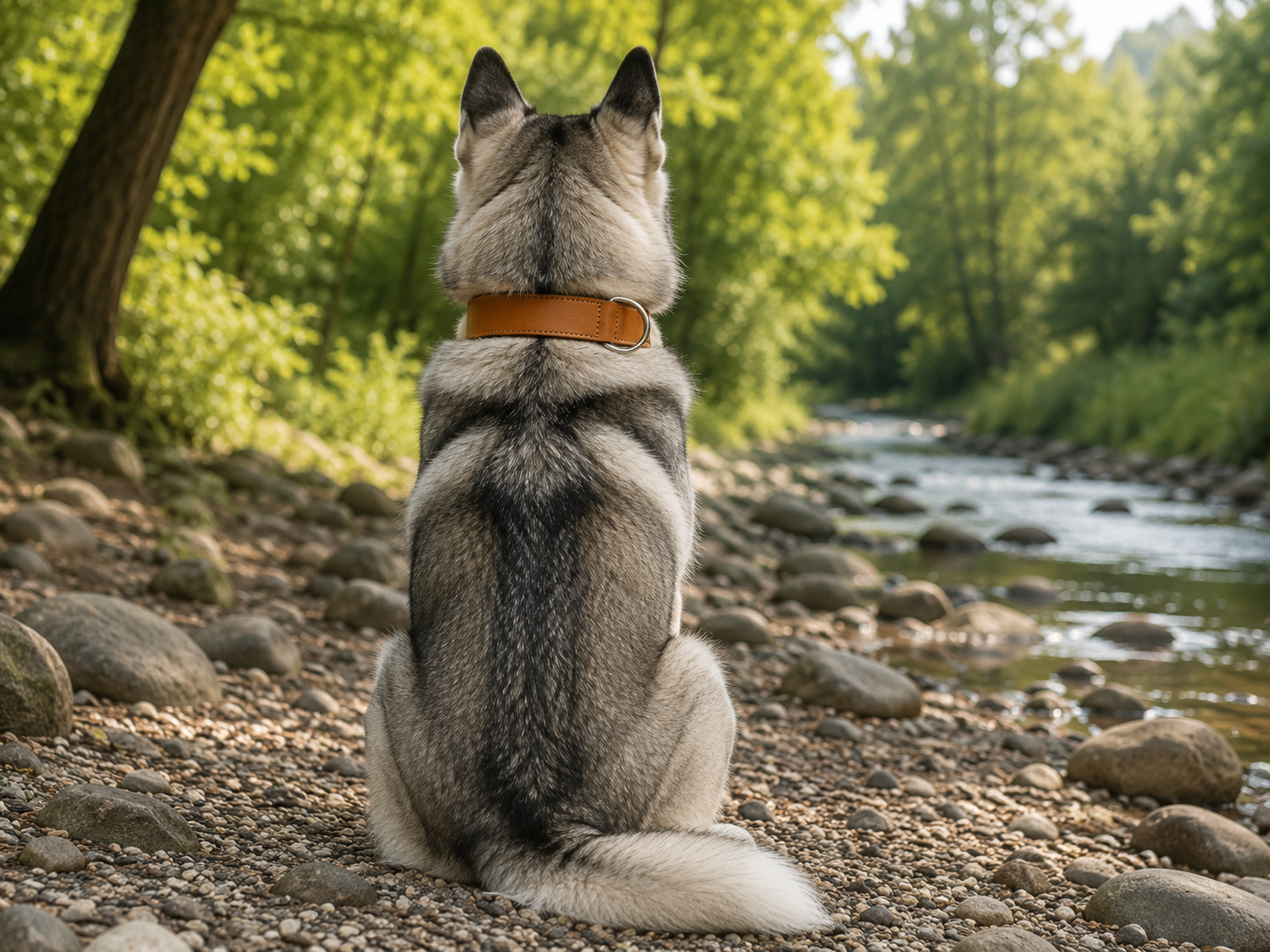 Grau-weißer Siberian Husky mit hochwertigem Lederhalsband in Vintage-Braun und Edelstahl-Schnalle