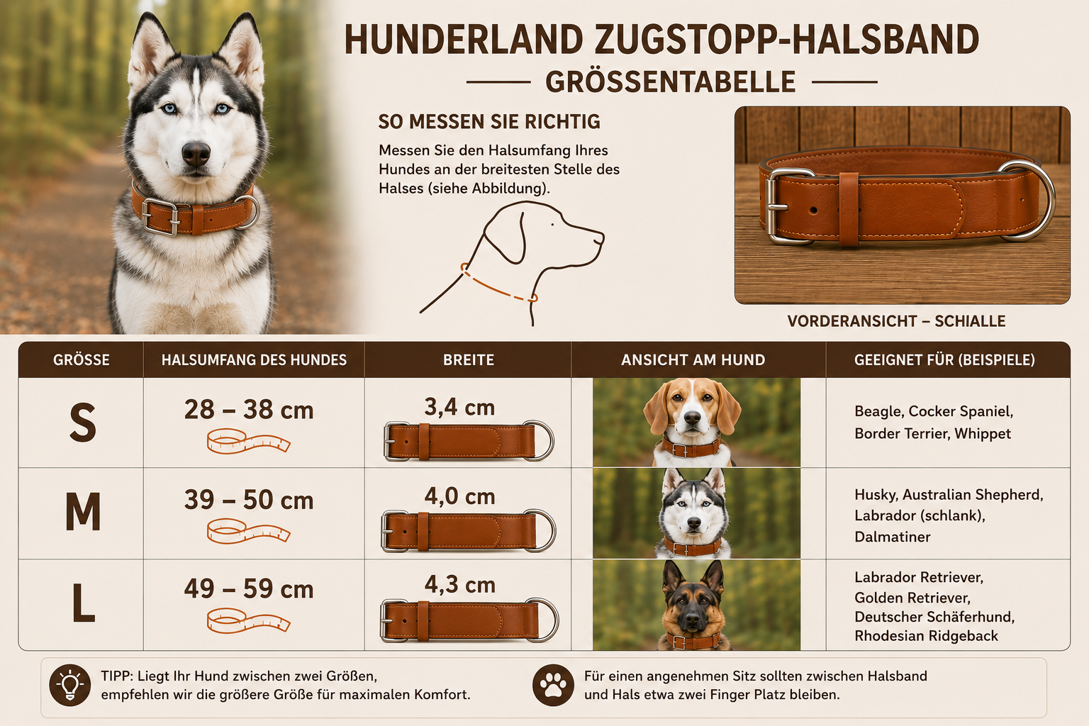 Hunderland Lederhalsband in Vintage-Braun mit Edelstahl-D-Ring auf natürlicher Baumrinde im Wald