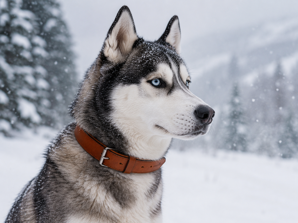 Grauer und weißer Husky trägt ein Hunderland Premium Lederhalsband aus Echtleder in Vintage-Braun mit Edelstahlschnalle in verschneiter Winterlandschaft