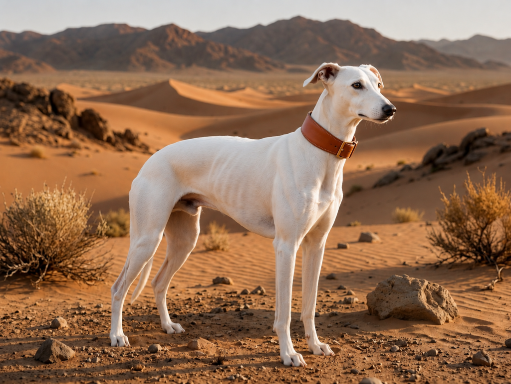 Weißer Greyhound mit hellbraunem Lederhalsband in einer Wüstenlandschaft